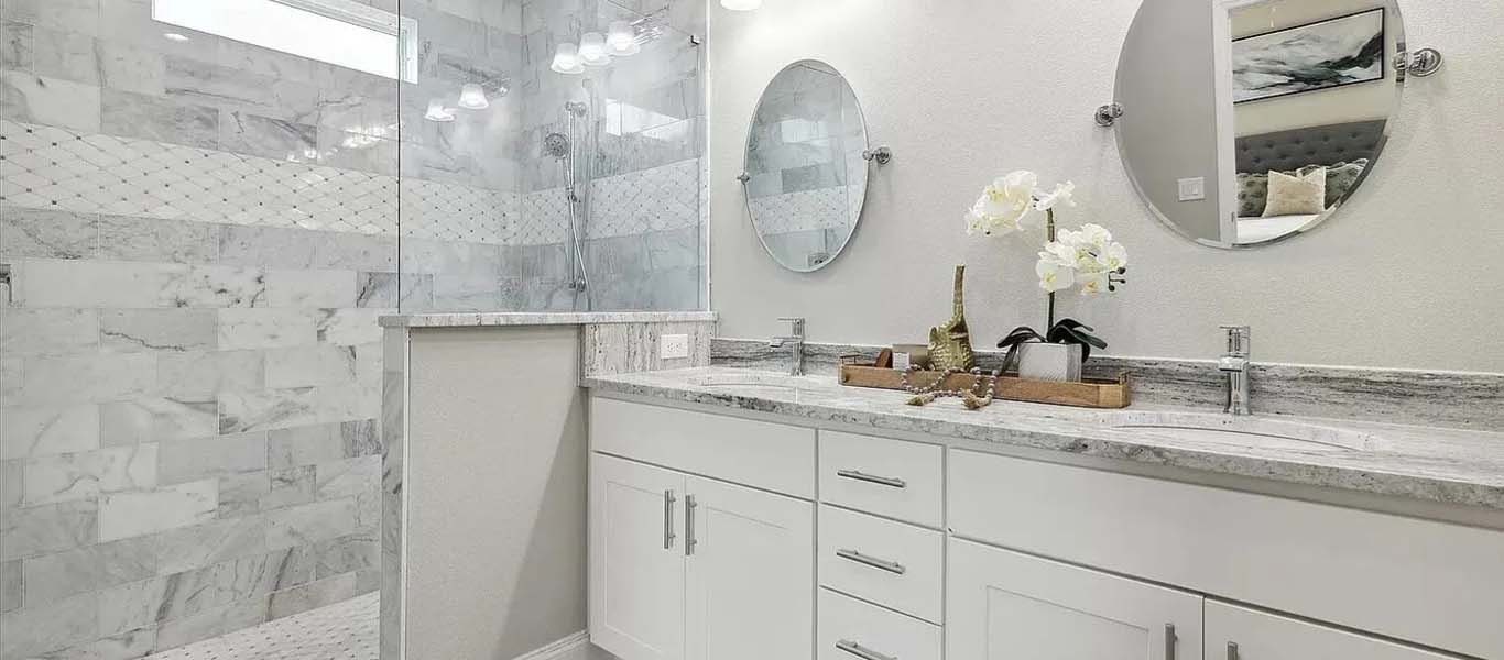 Amazing modern bathroom in grays and whites, with a huge walk-inshower
